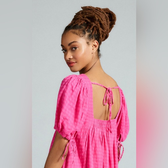 Pilcro by Anthropologie Pink Square-Neck Textured Babydoll Dress - Picture 4 of 15